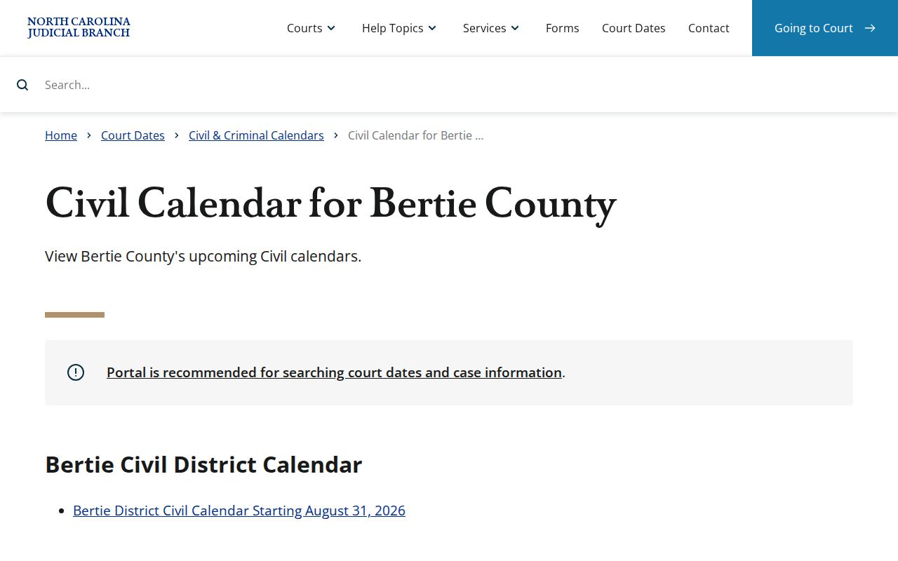 Bertie County civil court docket calendar route