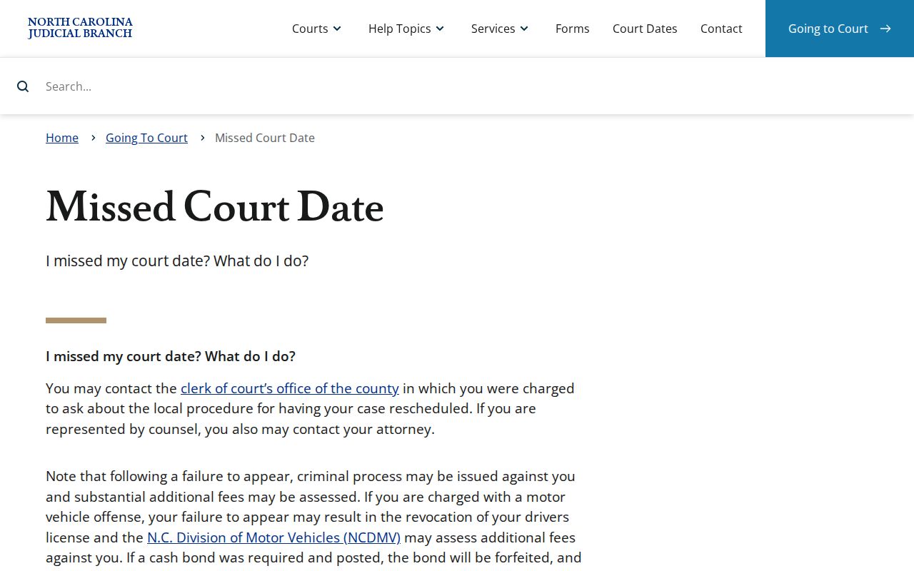 Bertie County court calendar missed court date information