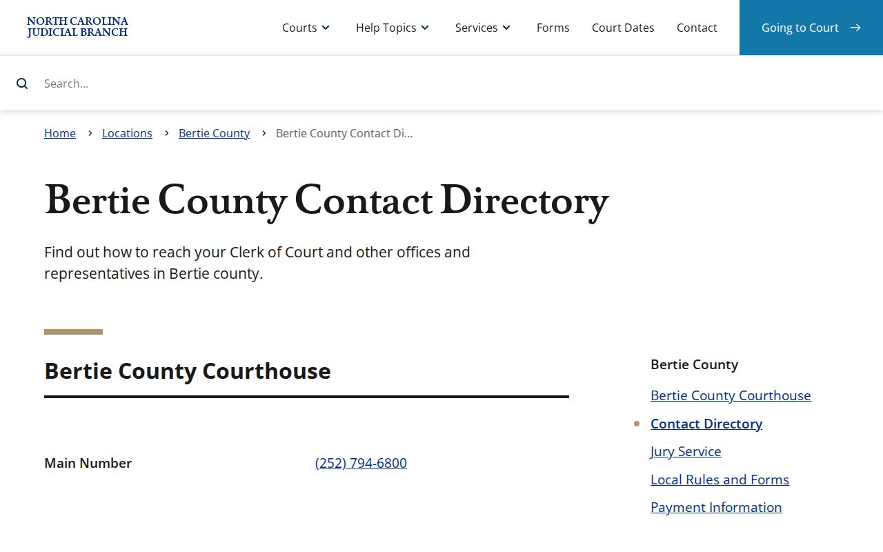 Bertie County court calendar contact route through the Clerk of Superior Court