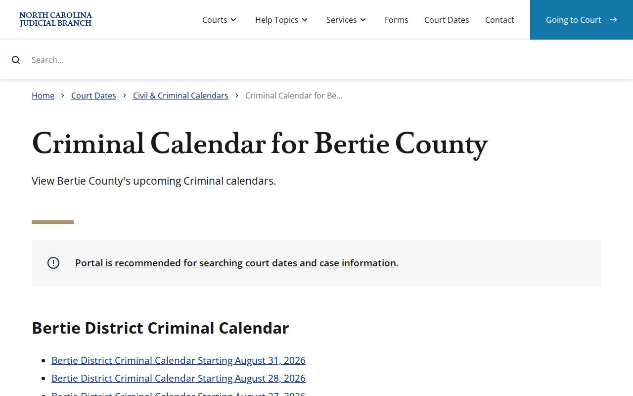 Bertie County criminal court docket calendar route